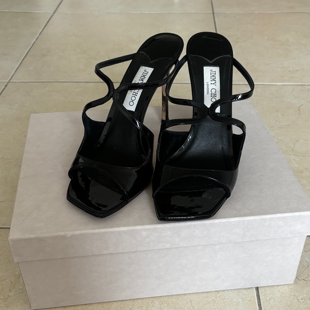 Jimmy Choo Anise 95 size 41 Black Patent Strappy Stiletto Sandals